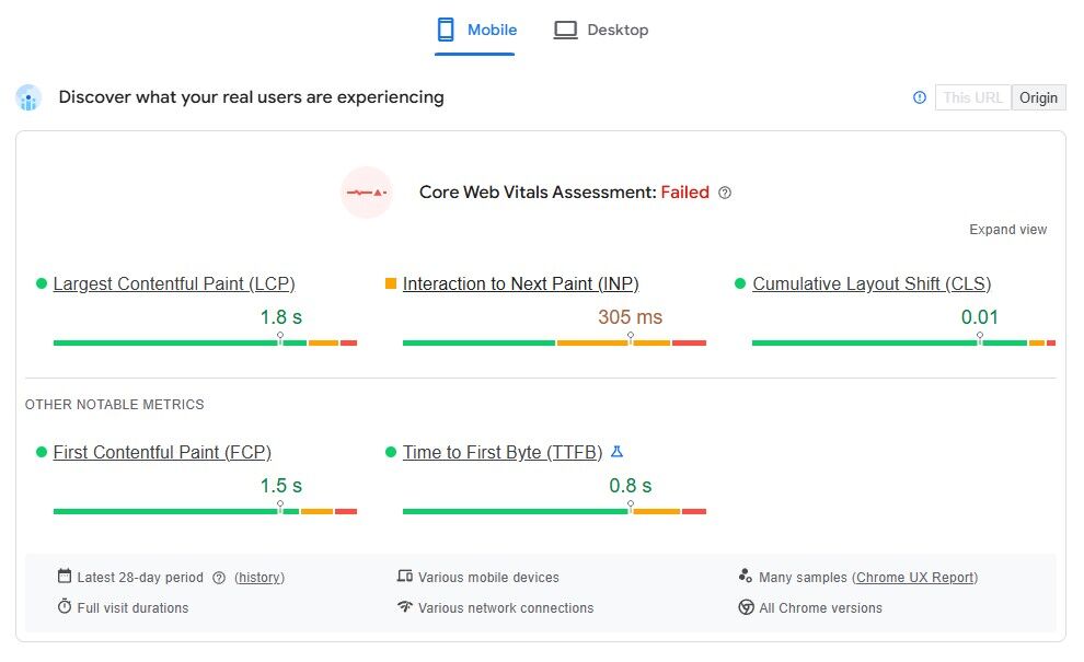 page speed insights field data