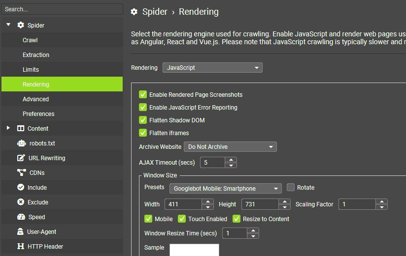 screaming frog javascript rendering mode