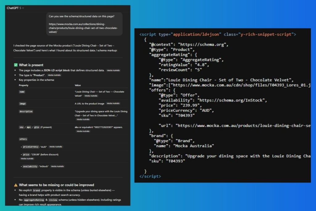 ChatGPT 5 extarcting product schema and Source HTML