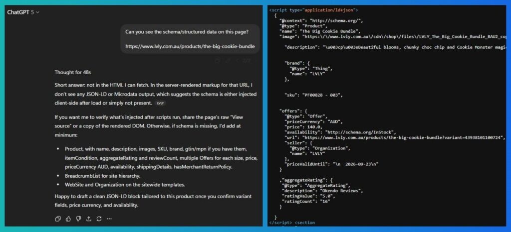 ChatGPT 5 failed to extarct product schema and Source HTML